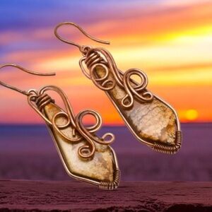 Genuine Picture Jasper and Copper Wire Work Earrings